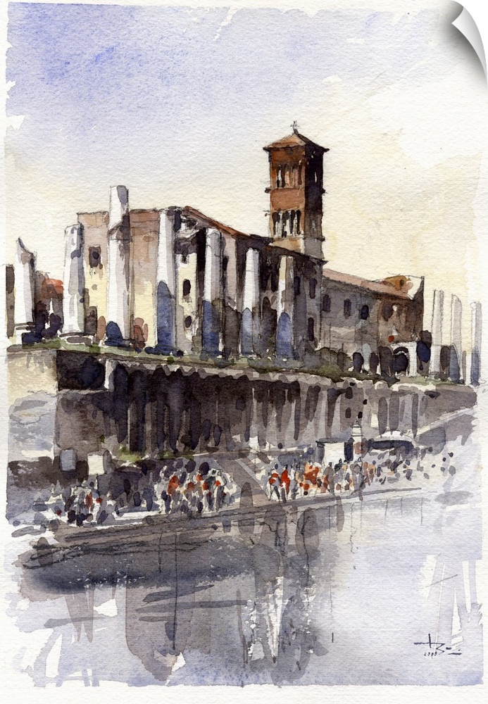 Gestural brush strokes of muted watercolors illustrate tourism at Forum Romanum, Rome.