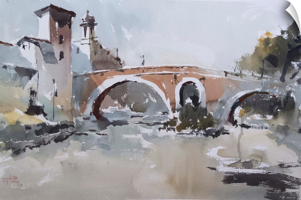 This contemporary artwork uses moody grays and rustling watercolor brush strokes to illustrate one of the oldest Roman bri...