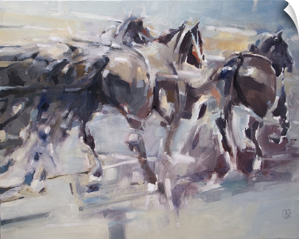 Full of energy and motion, this contemporary artwork reflects the movement of pack animals by using dynamic brush strokes.