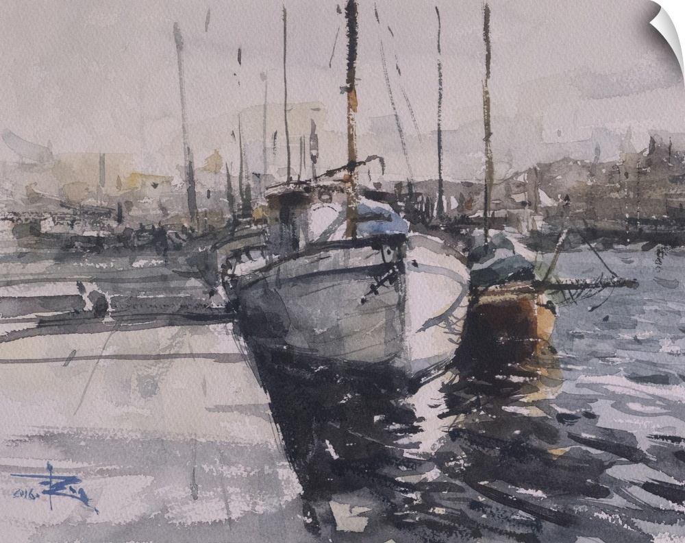This contemporary artwork features dry watercolor brush strokes and heavy shadows to create boats in the Stockholm harbor.
