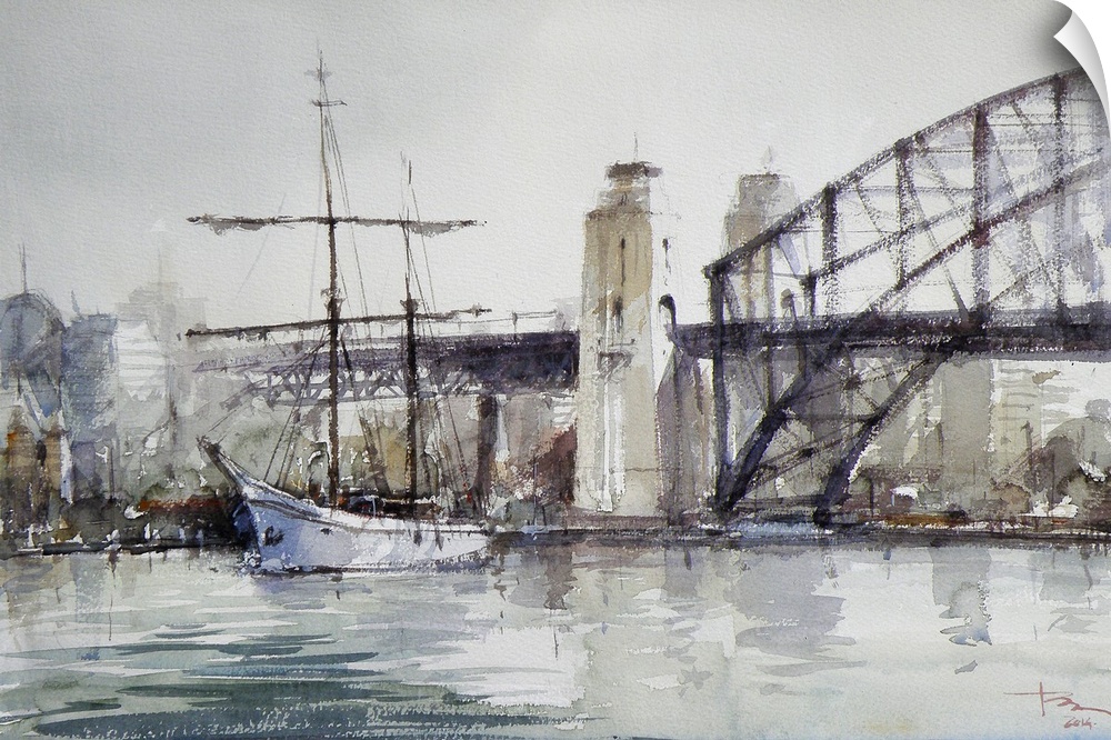 This contemporary artwork features dry watercolor brush strokes and muted colors to create a solemn scene of Sydney Harbor...