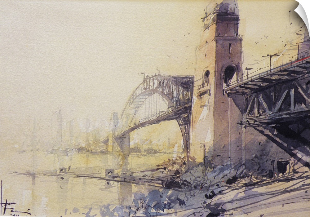 Gestural brush strokes of watercolors create the Sydney Harbor Bridge looking towards North Sydney in a warmly colored sun...