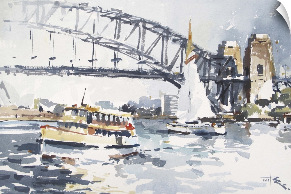 This contemporary artwork uses short watercolor brush strokes in monochromatic blues to depict a ferry traveling in the wa...