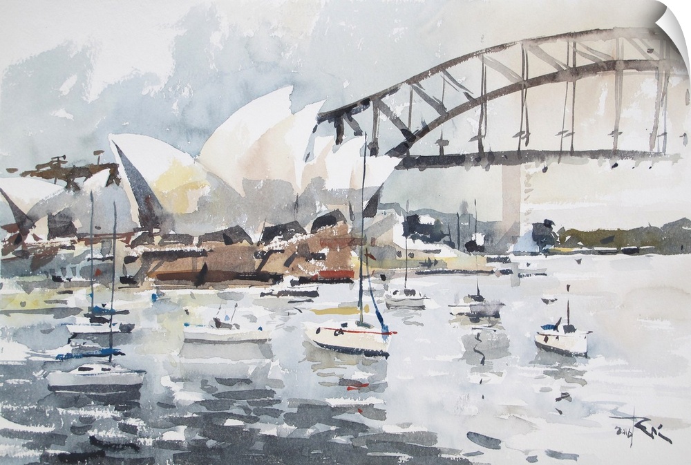 Gestural brush strokes of muted watercolors create a story of floating boats near the Sydney Opera House.
