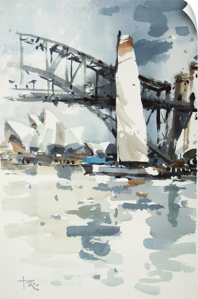 This contemporary artwork uses short watercolor brush strokes in muted colors to emulate a sail boat traveling in the water.
