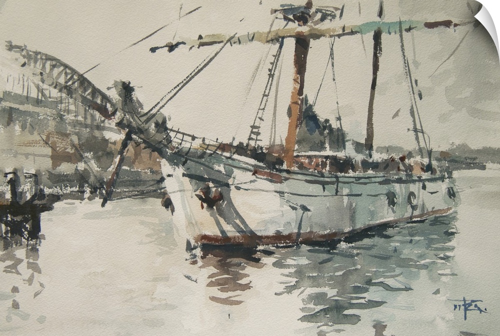 Gestural brush strokes of muted watercolors create a hazy moody landscape of a tall ship in Sydney, Australia.
