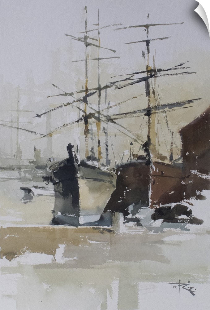 Gestural brush strokes of warm watercolors create Balclutha and the Thayer Tall ship in London, Thames dockyards.