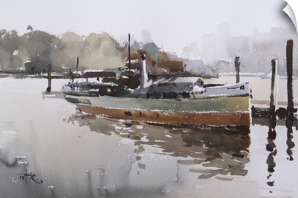 This pensive artwork features earthy tones with static brush strokes that create an old barge on the Thames river.