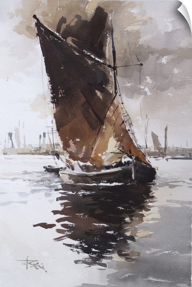 This contemporary artwork features dry watercolor brush strokes and heavy shadows to create a river barge on Thames, near ...