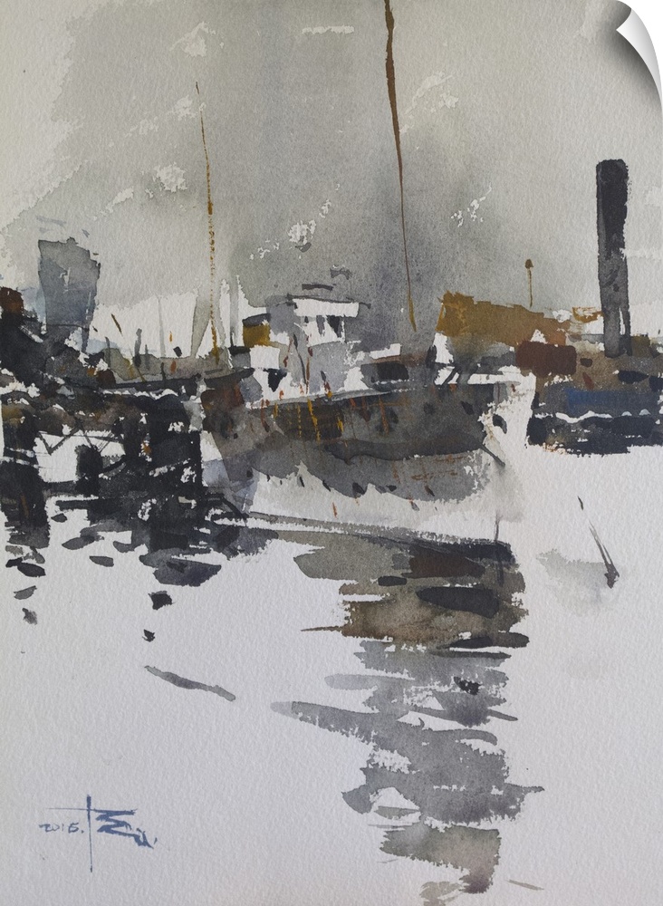 This contemporary artwork features dry watercolor brush strokes and heavy shadows to create a London Thames rivere scene o...