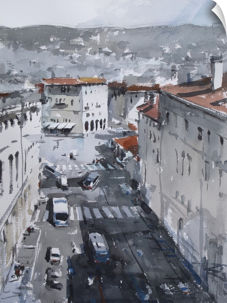 Soft watercolor brush strokes with contrasting dark shadows create a top view of a street in Trieste, Italy.