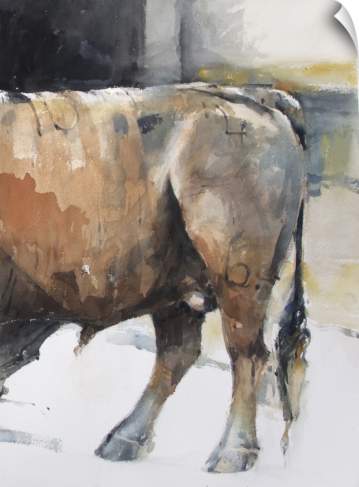 This contemporary artwork is the second half of a watercolor bull diptych that displays the strength of animals.