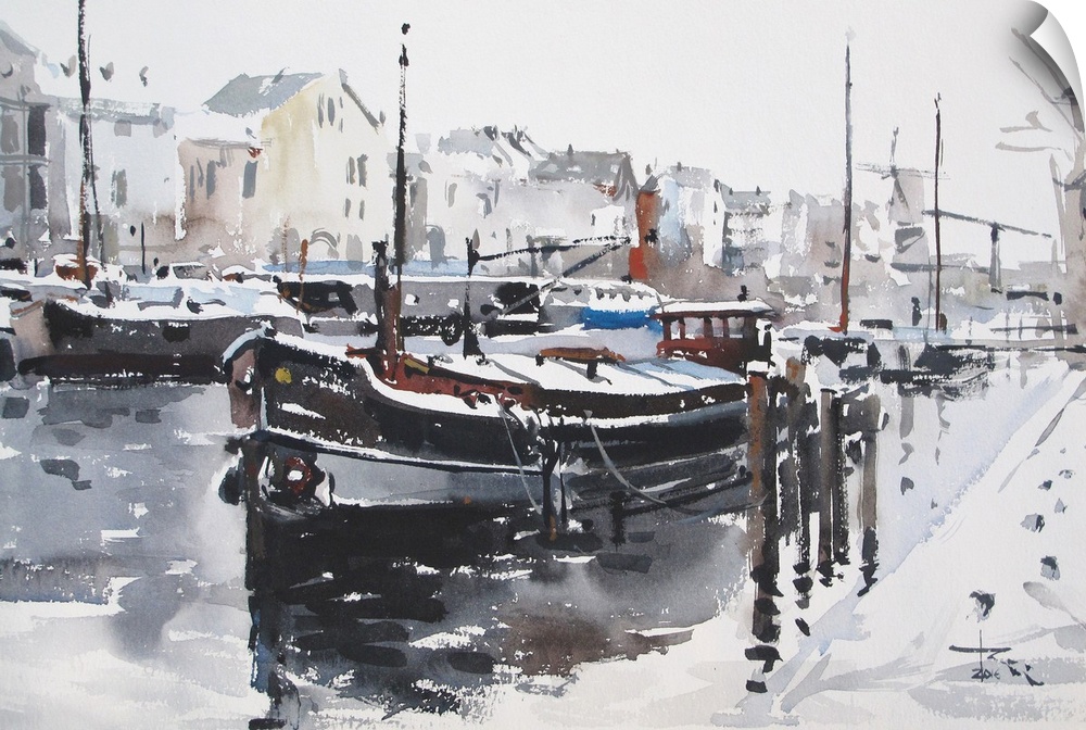 This contemporary artwork highlights snow covered surfaces in this packed marina.