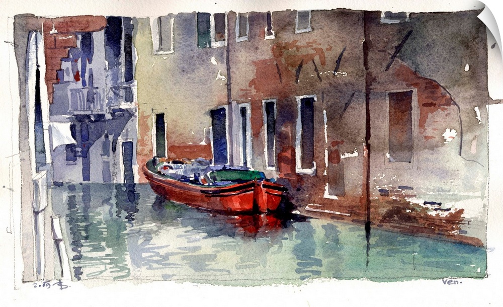 A hidden red barge in an offshoot waterway illustrates the warmth of everyday life in Venice, Italy.