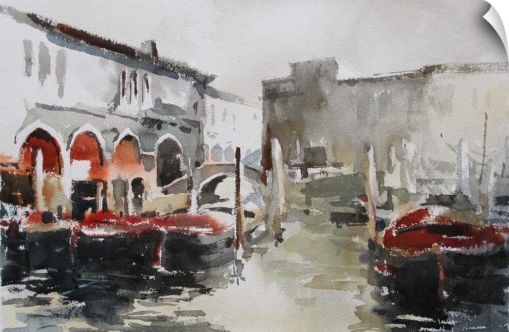 Soft watercolor brush strokes with pops of dark red create a water landscape of one of the water-traffic corridors in Venice.