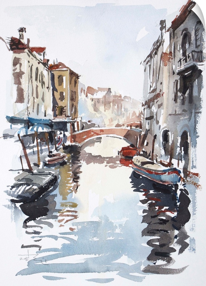 Gestural brush strokes of saturated watercolors illustrate one of the water-traffic corridors in Venice.