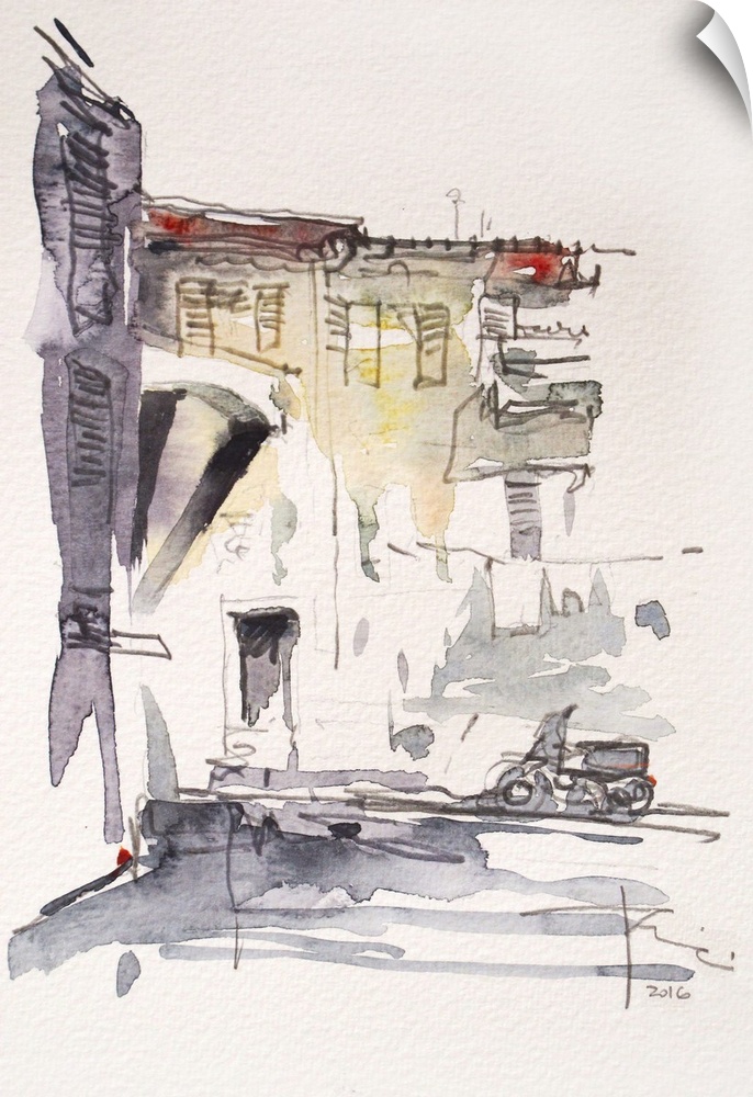 This contemporary artwork is a quick watercolor sketch of a street scene in Ventimiglia Italy.