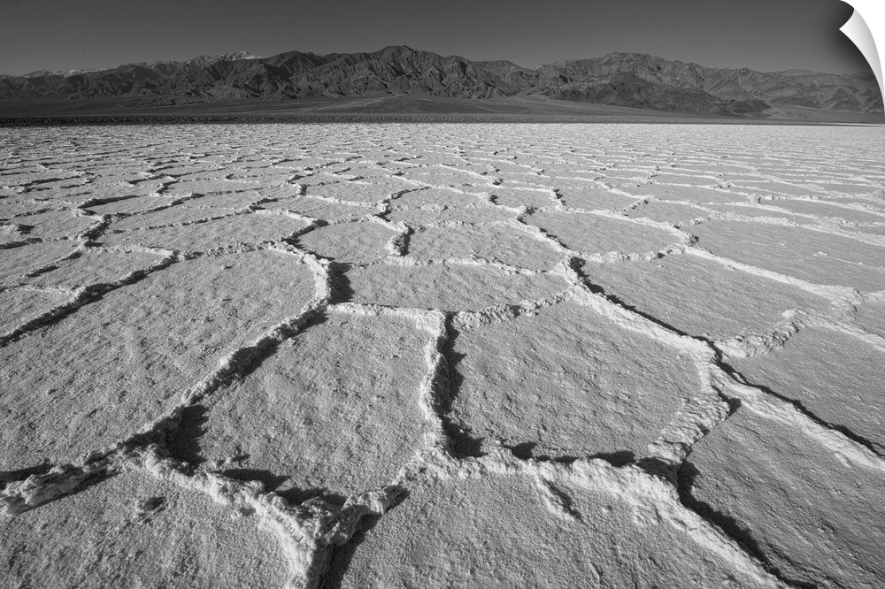 Black and white image of dry salt flats in Death Valley, California.