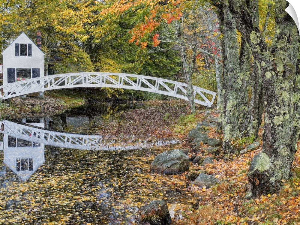 A white wooden bridge arching over a stream in a forest in the fall, near mossy trees.