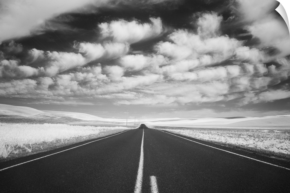 Infrared image of a road running through Palouse, Washington, with large clouds in the sky above.