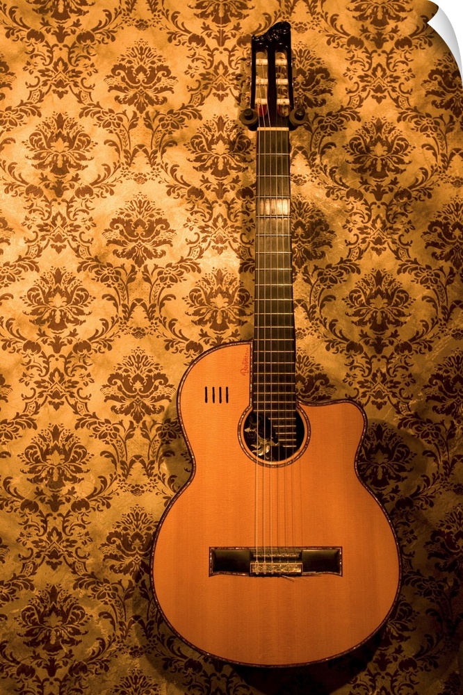 A handmade acoustic guitar hangs on the wallpaper covered walls of a North Carolina guitar makers' home