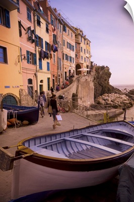 A rowboat is pulled out of the water in La Spezia, Italy