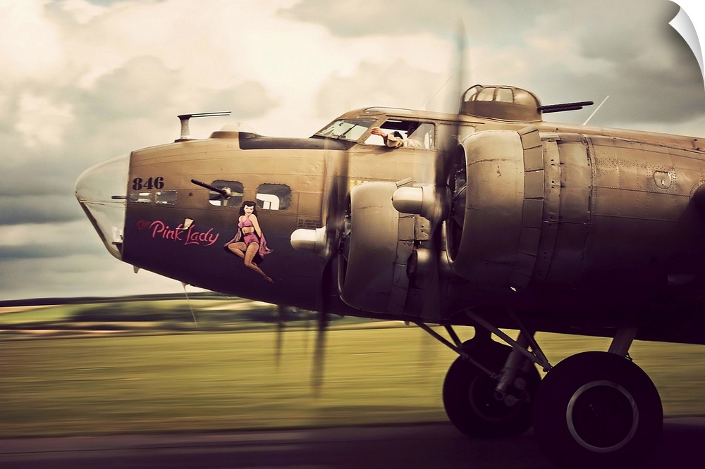 A  B-17G Flying Fortress bomber on takeoff.