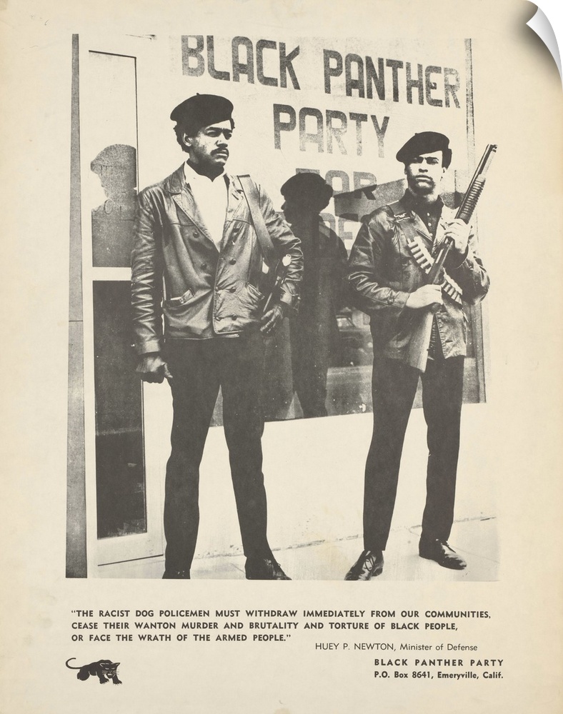 Framed black and white poster of Huey Newton and Bobby Seale in front of the storefront headquarters of the Black Panther ...