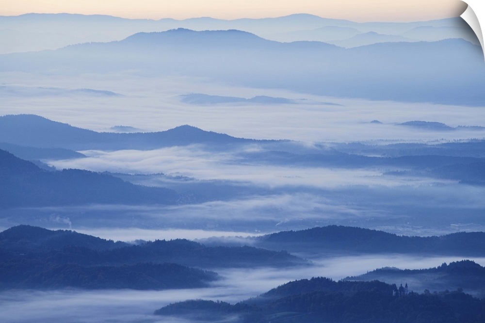 View of Ljubljana Basin towards the Kamnik Alps with morning mist, Gorenjska, Slovenia.