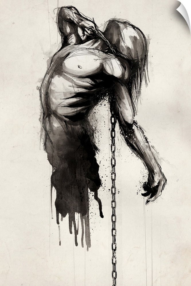 inky illustration of a man being pulled down by a chain