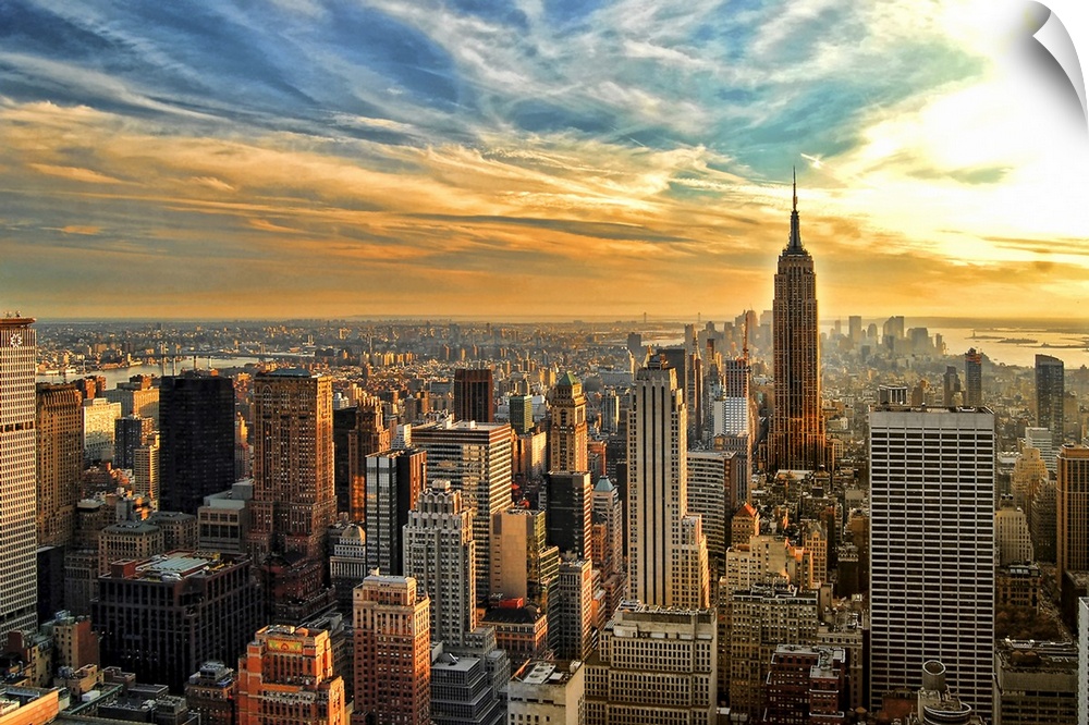HDR image overlooking southern half of Manhattan, New York City, with Empire State Building.