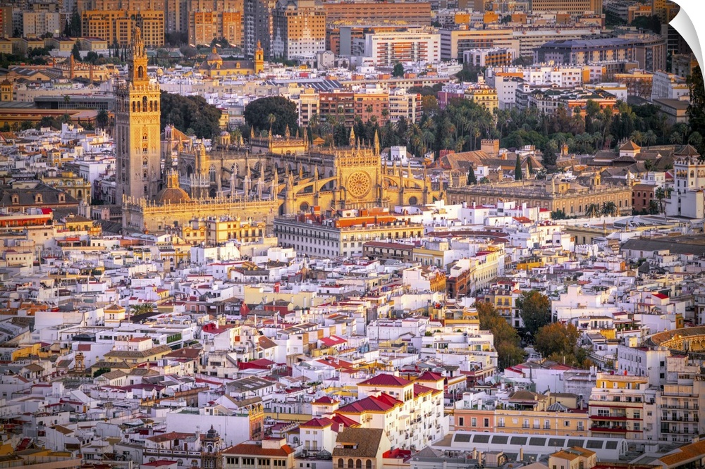 Aerial view of Seville downtown with the Giralda tower, the Cathedral, and the Archivo de Indias building, among other lan...