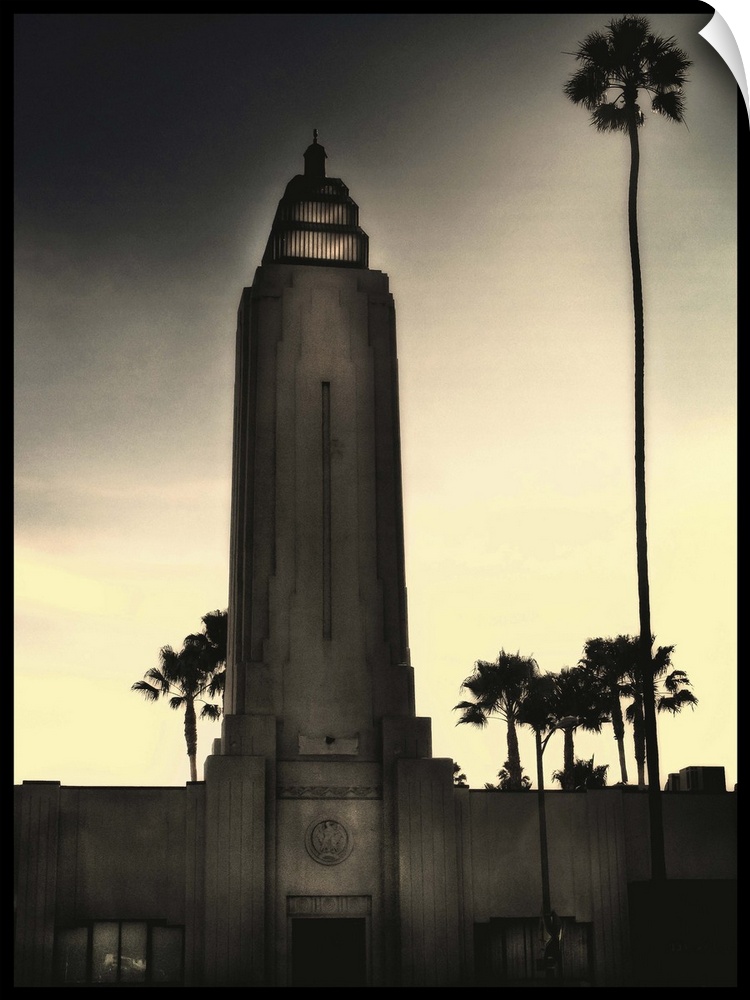 A gotham city tower with palm tree photoshop effects
