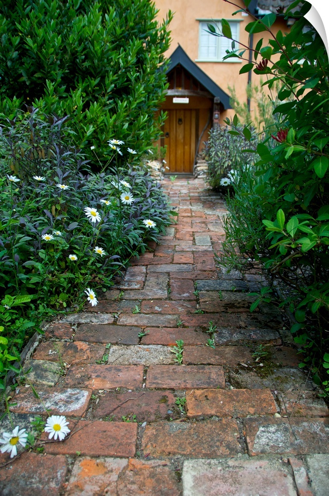 Old path made of bricks leading to cottage door