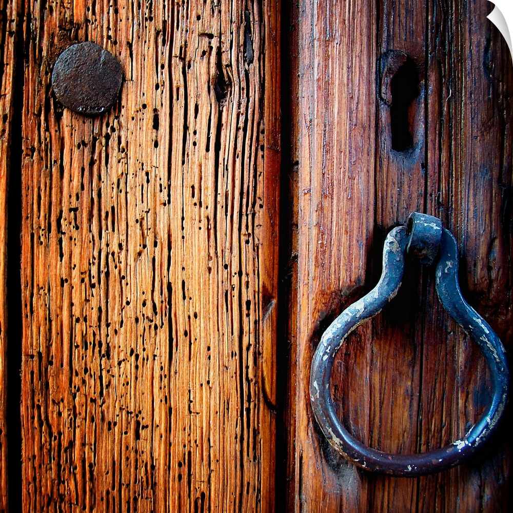 Close up of a wooden door and knocker