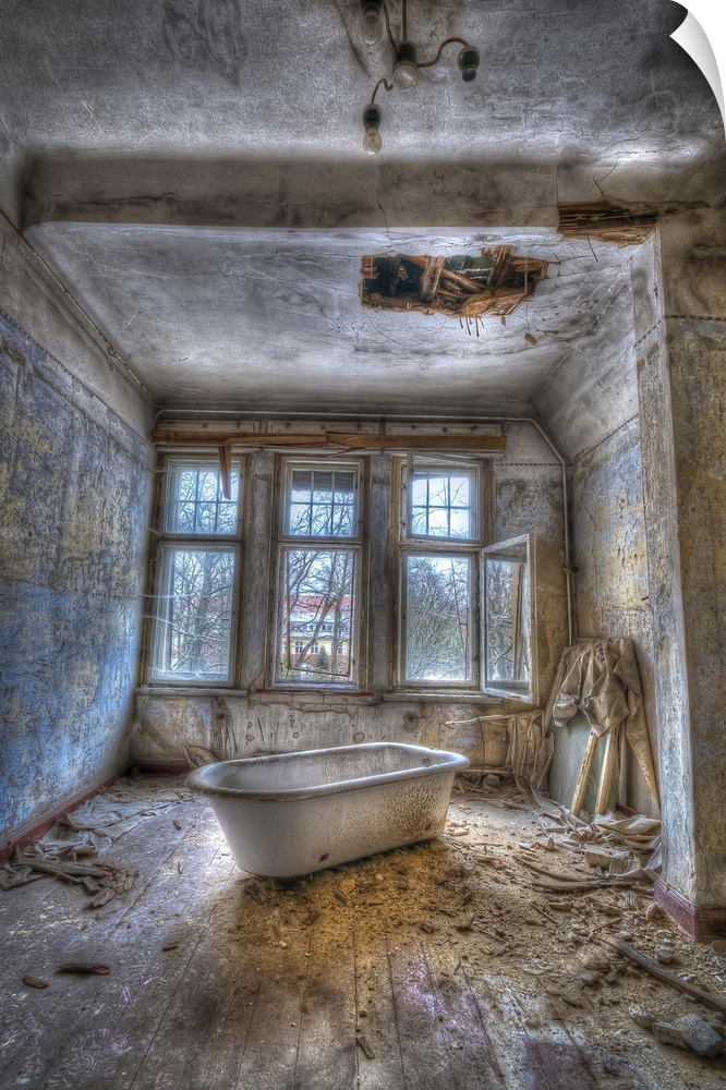 Derelict asylum interior with bath