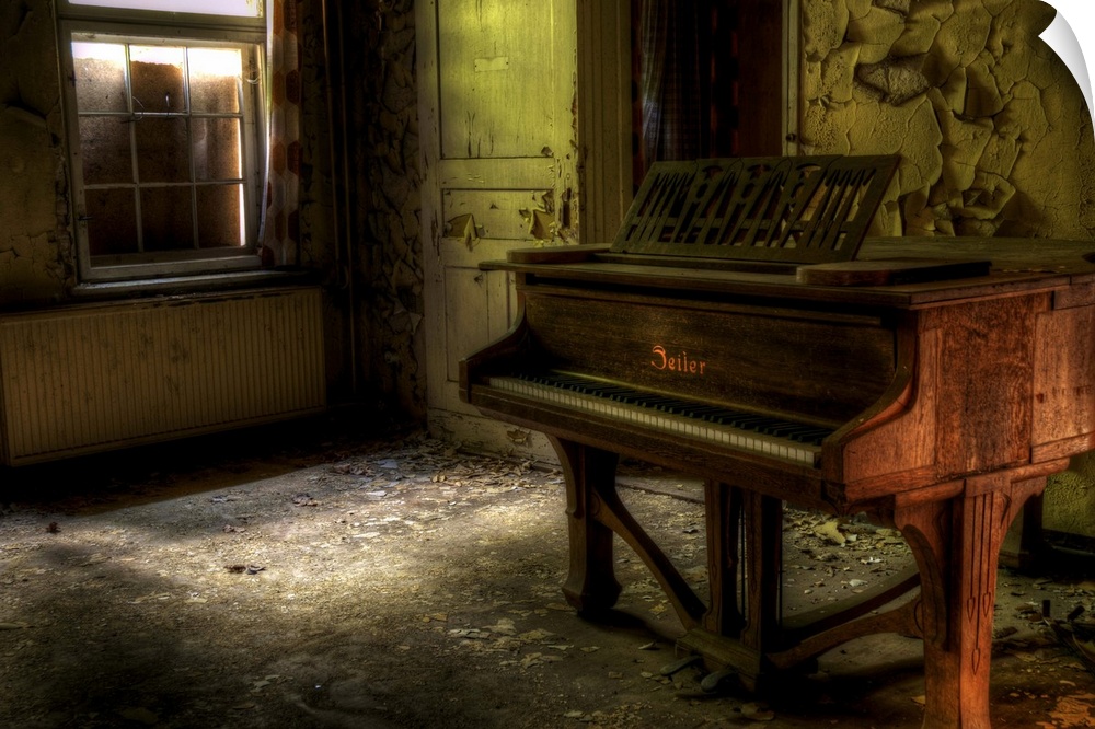 Sunlight shining onto old piano. Found in a abandoned sanatorium near Berlin. East Germany