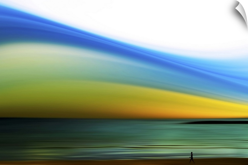 Wall art of a person's silhouette walking on the shore of a beach with an abstractly colored sky.