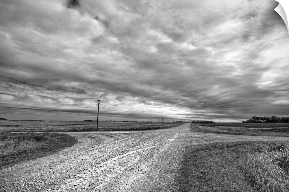 Grey skies above cross roads in North Dakota, Cavalier County USA