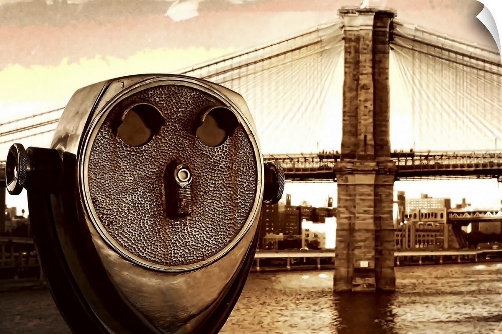 Textured image of Brooklyn Bridge with coin-operated telescope in foreground, vintage postcard -style.