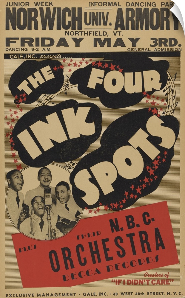 Poster on heavy cardboard stock advertising a performace of The Four Ink Spots plus the N.B.C. Orchestra in Northfield, VT...