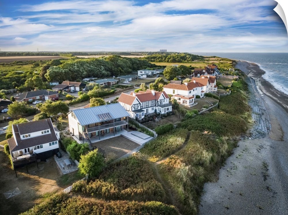 Aerial view by drone of coastal properties in Thorpeness, Suffolk, England.