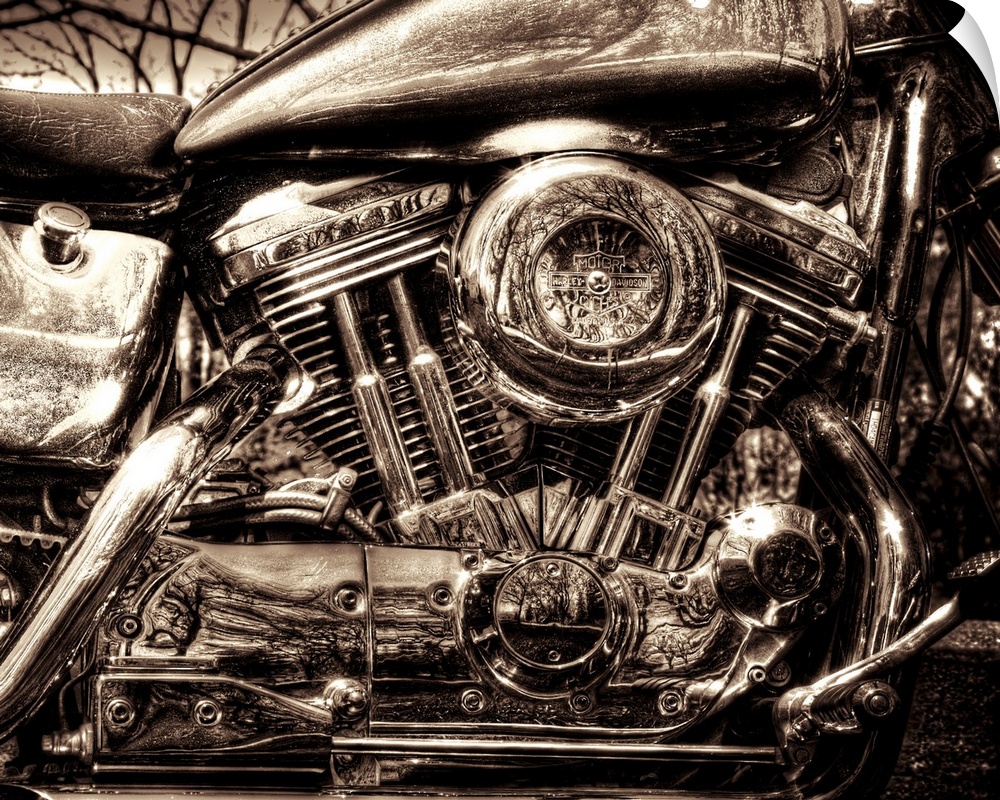 Up-close photograph of engine of Harley Davidson motorcycle.