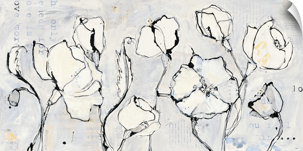 Contemporary painting of white flowers with black outlines.