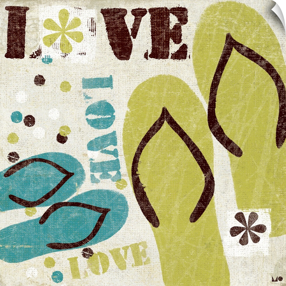 Flip flops and retro flowers are painted onto a neutral background with the word love scattered about.
