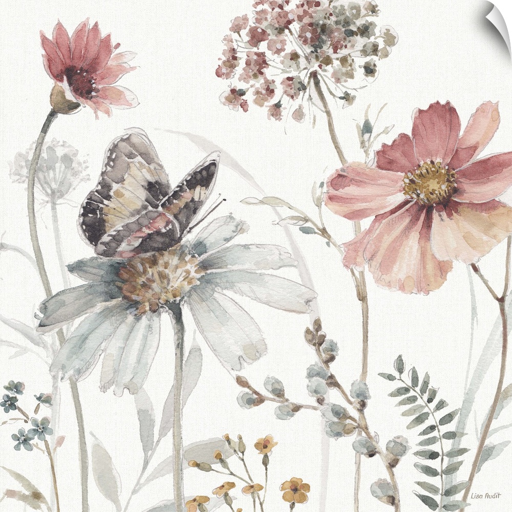 A square decorative watercolor painting of a group of country wild flowers and butterfly on a white background.