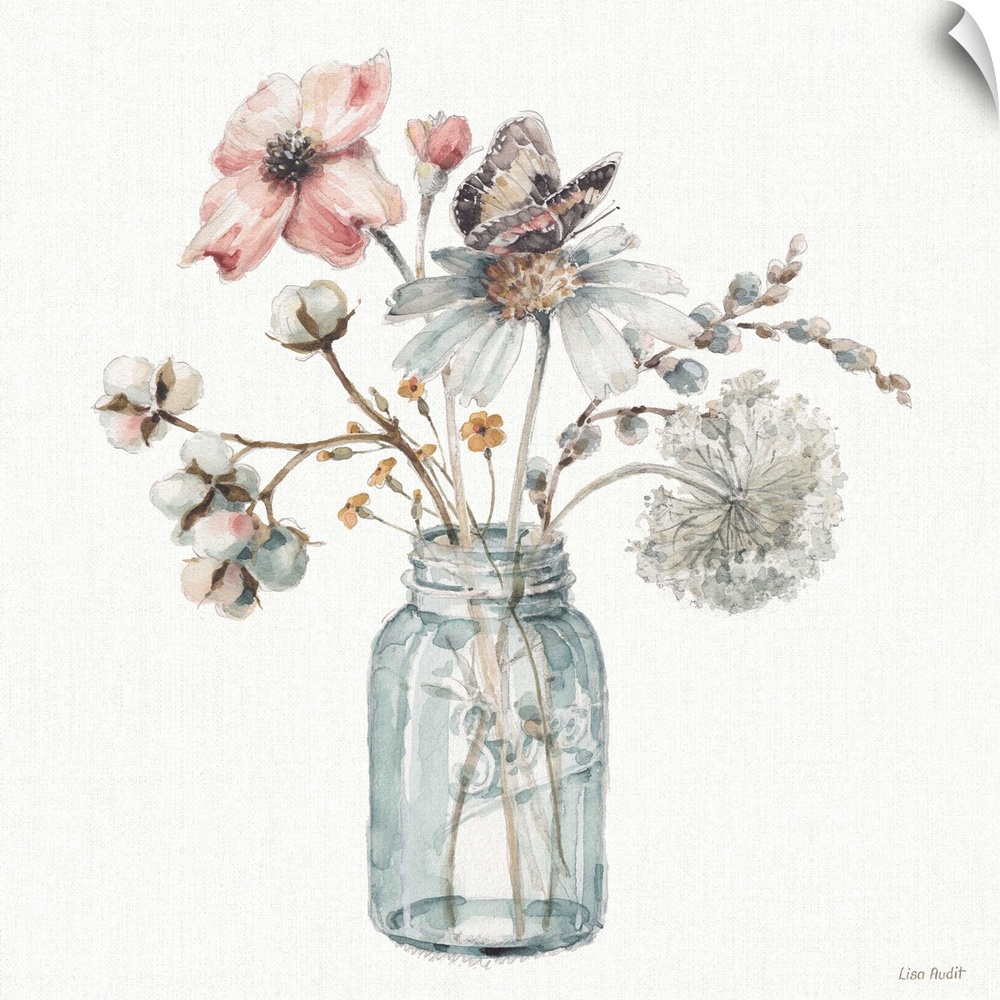 Decorative artwork of watercolor flowers in a mason jar over a white background.