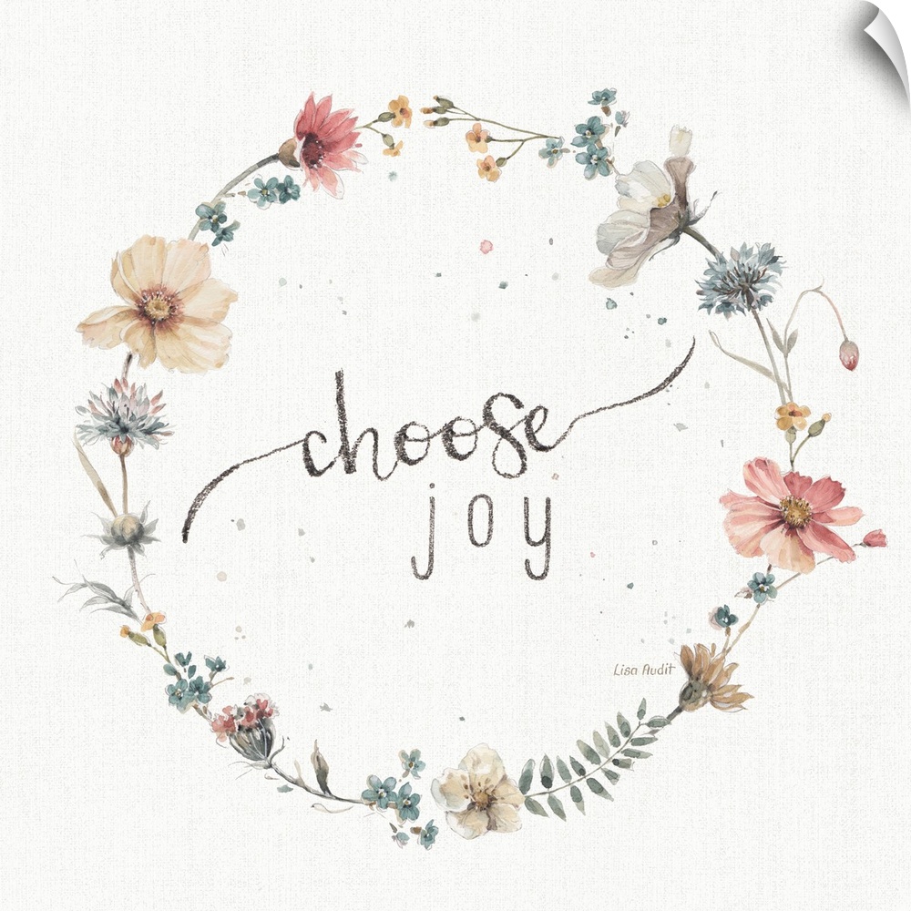Decorative artwork of a floral wreath with the words, choose joy, in the center.