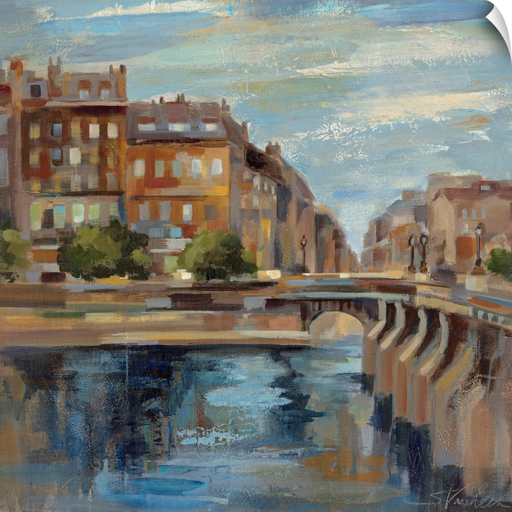 This contemporary artwork is a painting of scenery in Paris with a small bridge over water and buildings straight ahead.