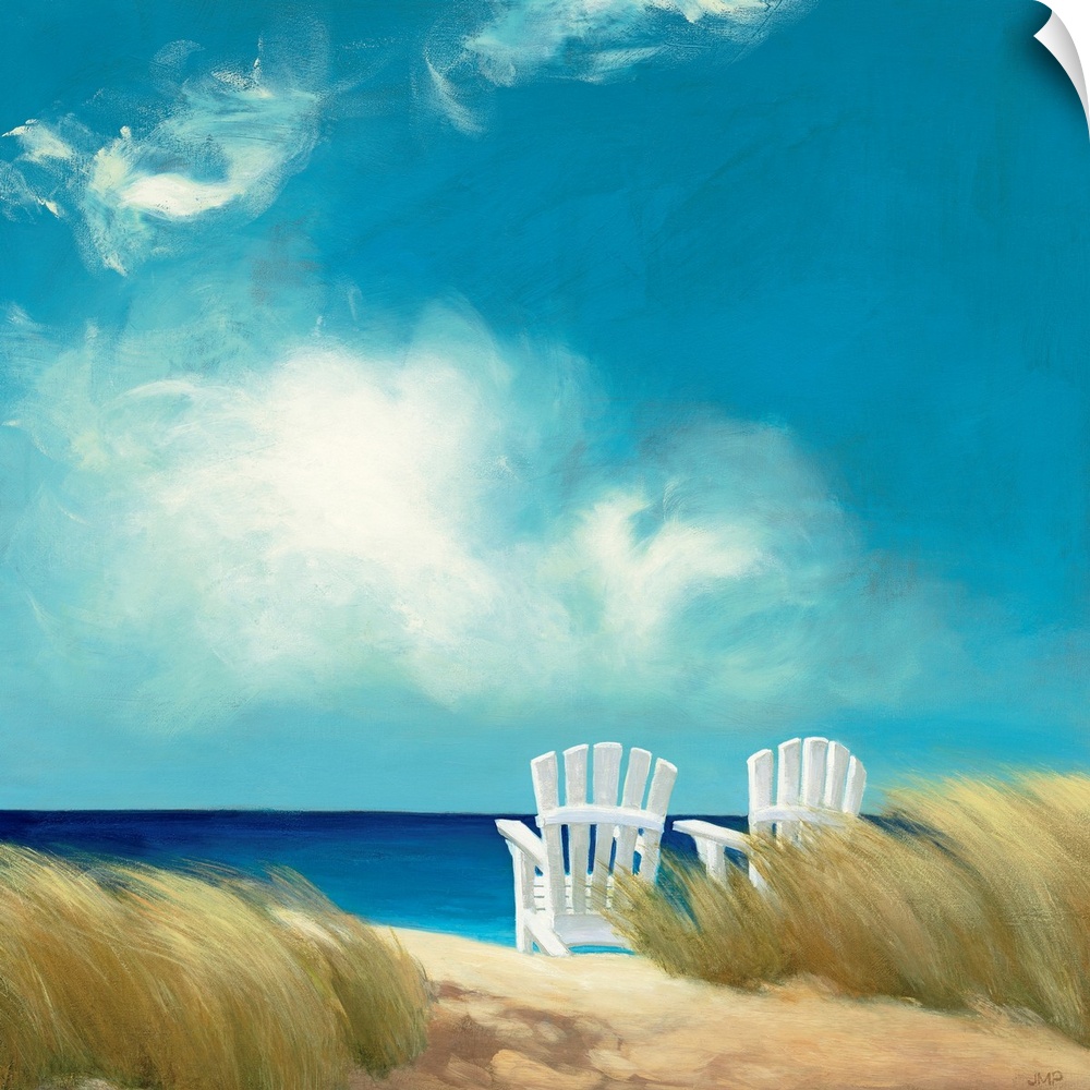 Giant, square wall painting of a sandy path leading through a grassy beach to two lounge chairs that are facing blue waters.